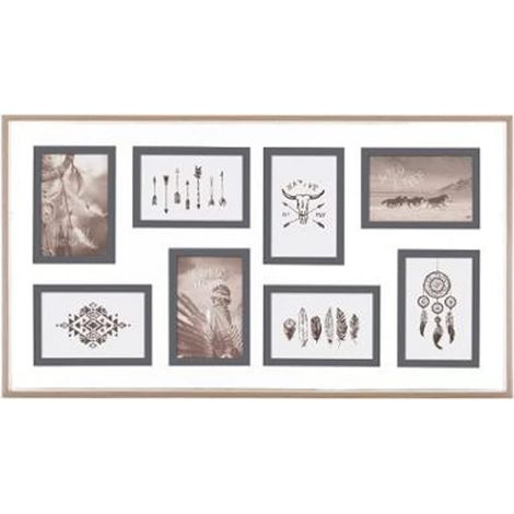 Atmosphera – Pêle-mêle 8 photos en bois MDF et verre 69 x 39 cm – Cadre décoratif pour galerie personnelle – Accroche murale ou sur meuble - BOIS 69 X (1/4)
