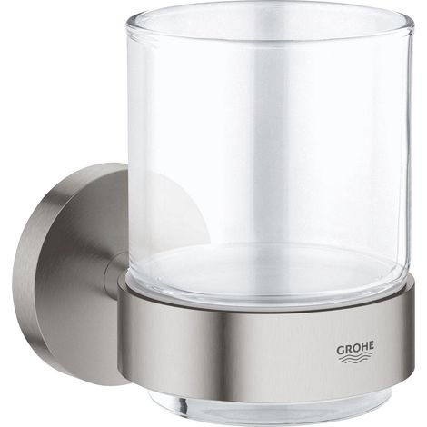 GROHE QuickFix Start, Bicchiere in vetro con supporto metallo e vetro, fissaggio nascosto, viti e tasselli inclusi, montaggio facile con GROHE QuickGlue, 106 x 99 mm, Super Steel, 41194DC0 (1/2)