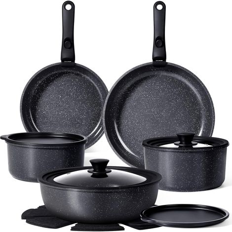 Poêles et Casseroles Avec Revêtement Antiadhésif, Batteries de Cuisine Poignées Détachables, Sans Toxiques, Empilable, Compatible Induction/Four/Lave-vaisselle Noir (1/5)