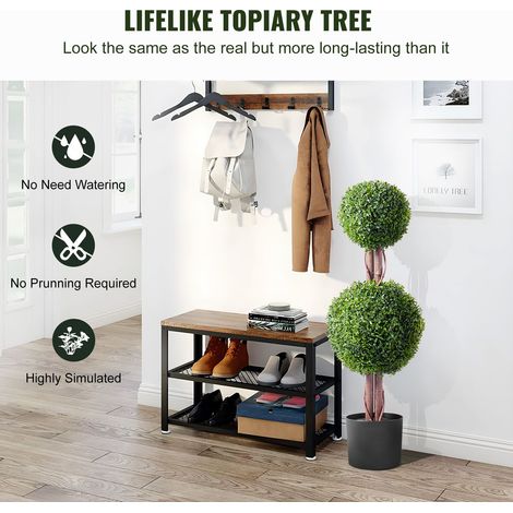 Buisson artificiel boule double en PE, 90 cm (2 unités), plante faux buis avec 10 feuilles sup, pot et déco, anti-UV pour intérieur/extérieur (1/5)