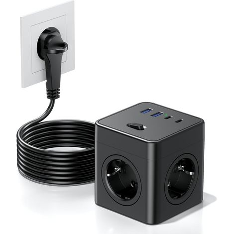 Cube Multiprise 8-en-1 avec Interrupteur, 4 Prises avec 2 USB-A et 2 USB-C, multiprise Power Cube avec Anneau de Traction, câble de 1,5 m pour la Maison/Le Bureau, Noir (1/5)