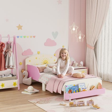 Lit enfant 70x140cm lit enfant barrière sécurité sommier à lattes espace rangement rose