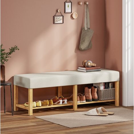 Banco zapatero de 140 cm con cojín, almacenamiento abierto, madera natural y blanco crema HAVRYA (1/5)