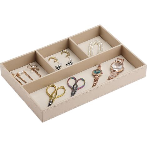 Bandeja para joyas, bandeja de cuero para joyas, bandeja organizadora para cajones, bandeja para joyas de diseño moderno, adecuada para llaves, monedas, relojes y carteras (beige). (1/3)