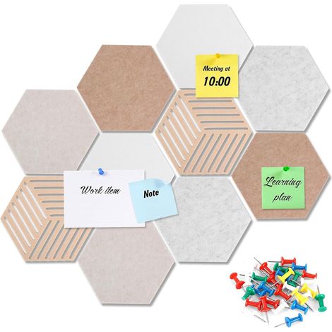 Lot de 10 tableaux d'affichage autocollants en feutre - Tableau mémo hexagonal 30 x 26 cm - Tableau d'affichage en feutre pour décoration murale - Avec 50 broches colorées - Idéal pour le bureau, la (1/5)