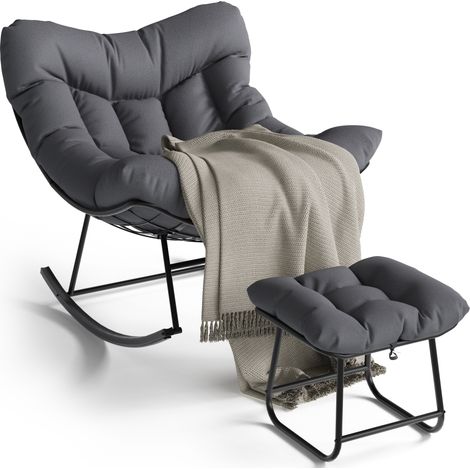 Fauteuil À Bascule Oversize Avec Repose-pieds – Coussins Épais, Structure Métal – Pour Piscine, Jardin, Terrasse, Gris (1/5)