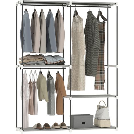 HOMCOM armario de ropa, perchero, 142x43x185 cm, armario abierto con 4 estantes de tela, 3 barras para colgar, marco de metal, gris claro