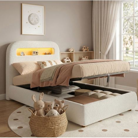 Letto singolo imbottito moderno 90x200 cm in bouclé bianco con testiera LED, vano contenitore idraulico e rete a doghe (1/5)