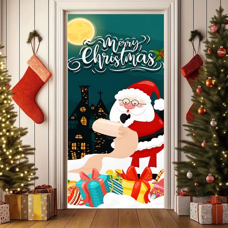 Nouvelle décoration de porte de Noël, motif Père Noël pour jardin, cour ou extérieur - 90 x 180 cm (perforée + ruban) - 36