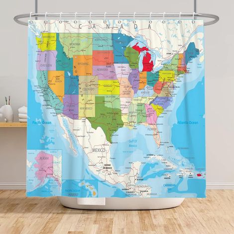 140x180cm De Couleur Américain Carte Rideau de Douche Enfants Géographie Éducation Thème Pays Villes Rideau de Baignoire pour Salle de Bain avec Crochets (1/5)