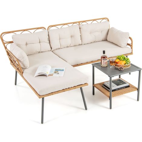 COSTWAY 3 Pcs Corner Patio Furniture PE Rattan L-Shaped Cushioned Sofa Set-Beige (1/5)