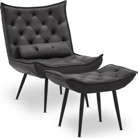 M MCombo Sessel mit Hocker, Retro Vintage Lesesessel Loungesessel Stuhl Polstersessel, Kunstleder,4778MB (Dunkelgrau)