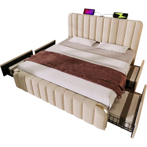 Letto matrimoniale imbottito 140x190 cm in tessuto beige, testiera con porte USB e Type-C, 4 cassetti, struttura in metallo e doghe, CHICFURN (1/5)