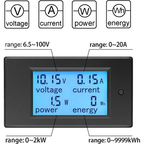 Voltmetre Amperemetre DC 6.5-100V 20A, Tensionmetre Wattmetre Testeur Tension Courant Puissance énergie Numerique LCD énergiemètre (1/3)