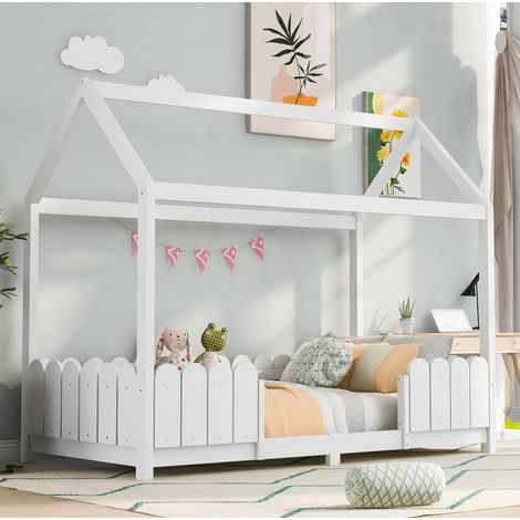 Lit cabane enfant 90/200 cm blanc en bois massif avec barrière de sécurité (1/5)