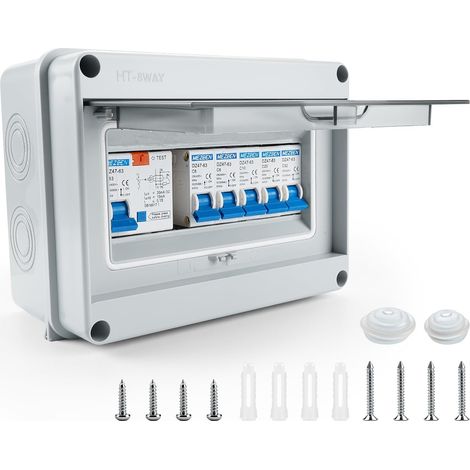 Boîte à fusibles en saillie 5 voies IP65, disjoncteur FI (RCD), boîte de distribution en saillie, 63 A pour caravane/garage/atelier/villas, 2 x 6 A + 10 A + 20 A + 32 A connecteurs (1/5)
