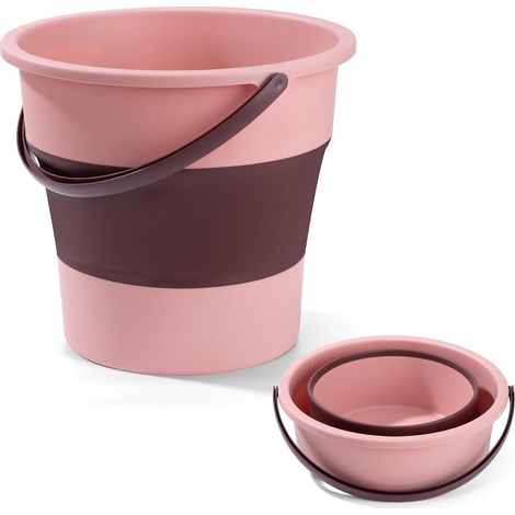 (Rose, 10 L) Seau à eau pliable en silicone avec anse, seau télescopique portable, idéal pour le camping, la pêche, la lessive et le jardinage. (1/5)