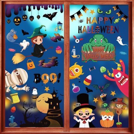 Adesivi di Halloween: Riceverai 9 fogli di adesivi per finestre ci sono molti disegni di Halloween diversi: zucca, ragno, strega, motivo fantasma e (1/4)
