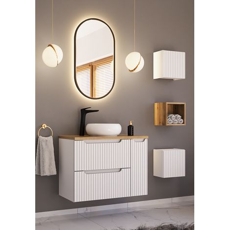 Badmöbel Set 5-teilig mit 80cm Waschtisch, weiß und Eiche, NEWPORT-56-WHITE (1/5)
