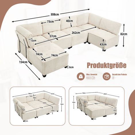 Canapé modulaire 6 places 308cm, tissu velours côtelé, ergonomique, rangements intégrés, convertible en U/L ou canapé-lit, structure bois et métal renforcée, montage facile, Beige (1/5)