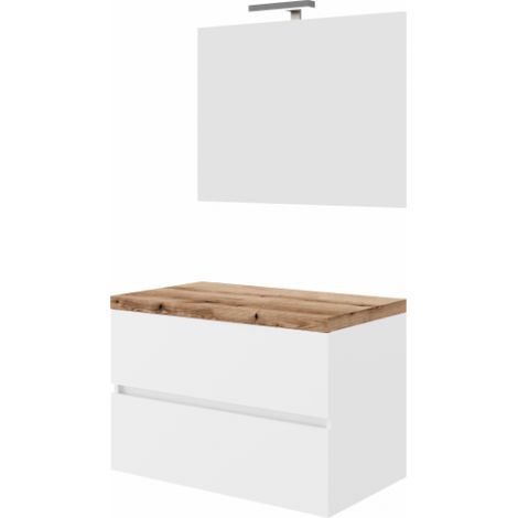 Mobile bagno sospeso 80 cm in legno bianco lucido e top rovere naturale con lavabo e specchio - Civo - Con colonna specchio e lavabo rettangolare - Accessorio: Con specchio e lavabo tondo (1/5)