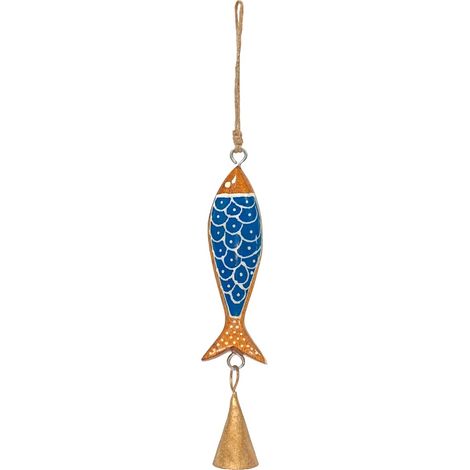Ciondolo decorativo a forma di pesce in legno blu con dettagli artistici
