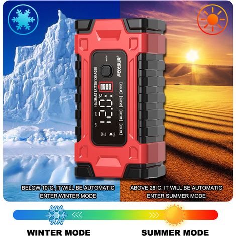FOXSUR Chargeurs de batterie automatiques 12 V/10 A 24 V/5 A Mainteneur de dispositif de charge de réparation d'impulsion intelligente avec écran LED pour voiture camion SUV moto bateau.