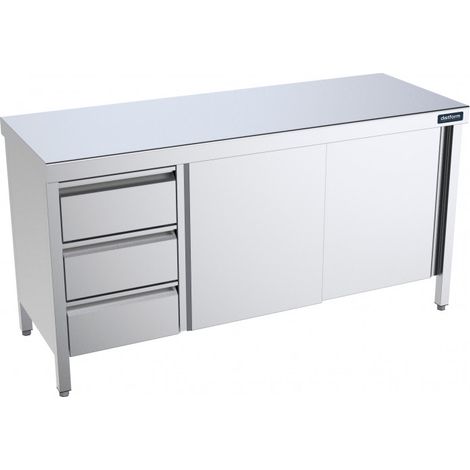 Table Inox centrale avec portes coulissantes et tiroirs à gauche - Gamme 700 - Distform