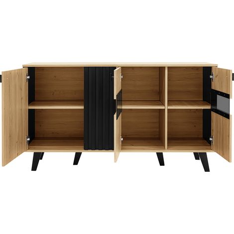 ELVMI Buffet et enfilade avec 3 Portes, Étagères, LED et Porte en Verre, pour Salon, en Panneaux de Particules, 140 × 41 × 78.5 cm, Naturel (1/4)