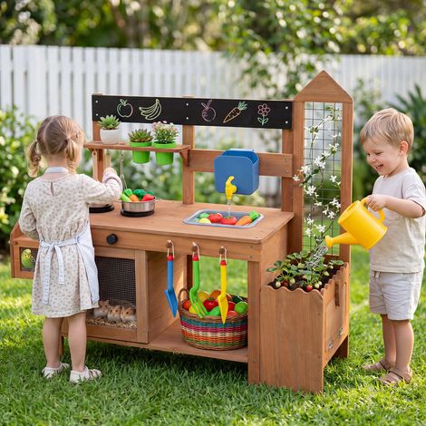 Cuisine extérieure enfant en bois naturel avec bac de plantation et évier, rangements et tableau, pour jardin et terrasse (1/4)