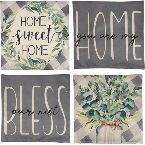 Ensemble de 4 housses de coussin décoratives printanières de style campagnard, 18x18 pouces, motif de feuilles d'eucalyptus, coussins décoratifs, décoration de canapé printanière. (1/5)