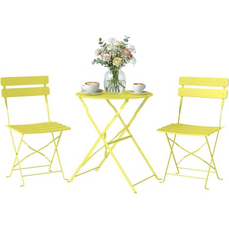 Ensemble Bistrot de Jardin 3 Pièces san Montage - Table et 2 Chaises Pliantes à Lattes en Métal avec Double Protection Antirouille - Mobilier de Balcon et Terrasse Chic, Jaune (1/5)