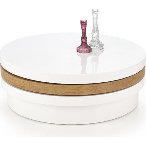 Table basse ronde 80 cm laquée blanche et bois golden CHELLE (1/4)
