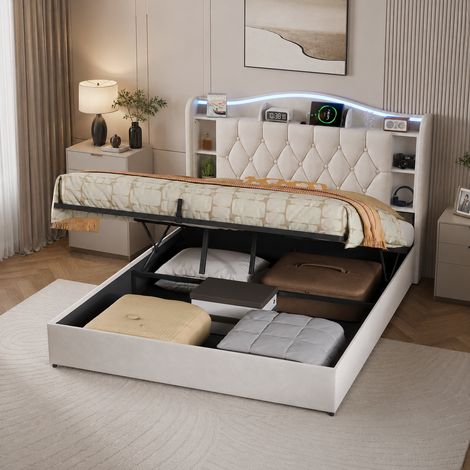 Lit Coffre 90x200 cm avec LED et USB, Lit Double Rembourré avec Rangement Hydraulique, Cadre de Lit Adulte avec Tête de Lit, Étagères Ouvertes, Gris (1/5)