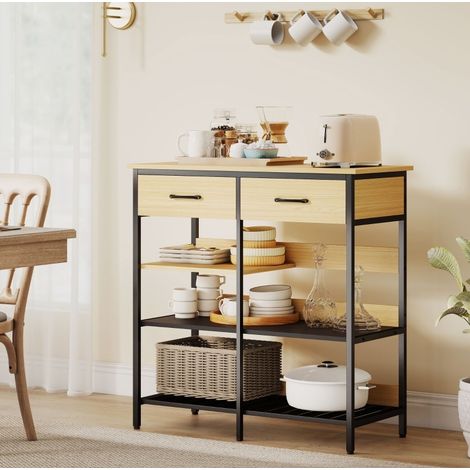 Credenza 90x40x91 cm, 2 cassetti, 3 ripiani aperti, stile industriale, legno naturale (1/5)