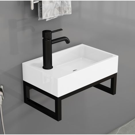 Lavabo sospeso mini quadrato in ceramica bianca opaca con telaio metallico, premontato (1/5)