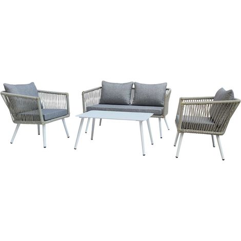 Conjunto de exterior TIRRENO con sofá 2 plazas 136x71x69 cm, 2 sillones 62x71x69 cm y mesa 90x50x42 cm aluminio gris y ratán (1/4)