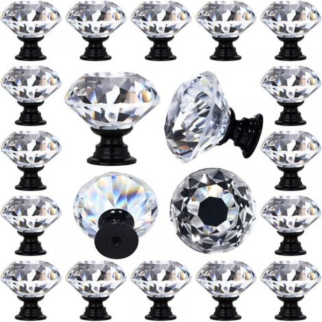 Paquet de 20 poignées de tiroir en verre cristal transparent, décorées de diamants, poignées de vanité de cuisine, base noire de 30mm (1-1/4 ") (1/5)