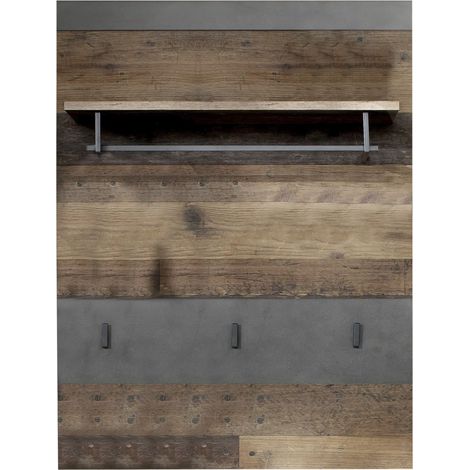 Irwin Wandgarderobe 1 Ablage, 1 Garderobenstange und 3 Kleiderhaken, grau Matera Dekor, Old Wood Dekor.