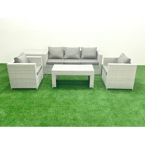 Fimous Polyrattan Gartenmöbel Set 5 Stücke Outdoor Garten Sofa Rechteckiger Couchtisch Set mit 2 Sesseln Beistelltisch Hellgrau gemischt (1/5)