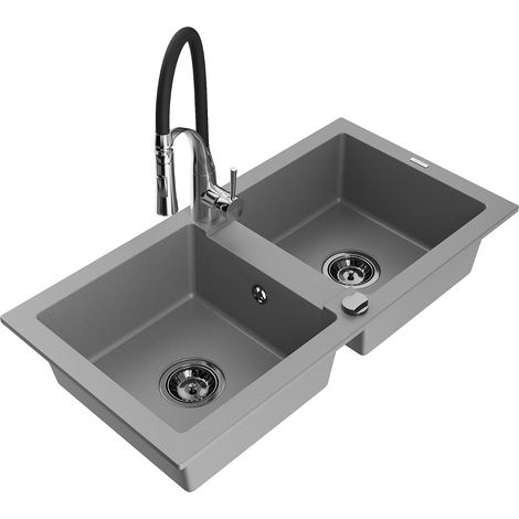 Mexen Mario Granitspüle, 2-Becken, mit Küchenarmatur Aster, grau - 6504-71-73450-07-B (1/5)