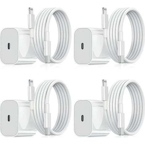 Pack de 4 chargeurs pour iPhone - Chargeur rapide - Adaptateur + câble de 2 m 20 W Lightning Blanc (1/4)