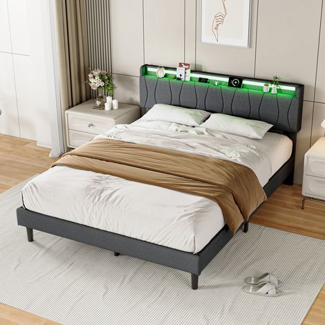JOOKGBD-Letto matrimoniale 140x200cm in lino grigio, testiera con LED RGB, caricatore USB e Type-C, 3 modalità di luce, controllo APP e telecomando, ripiano portaoggetti, design moderno (1/5)