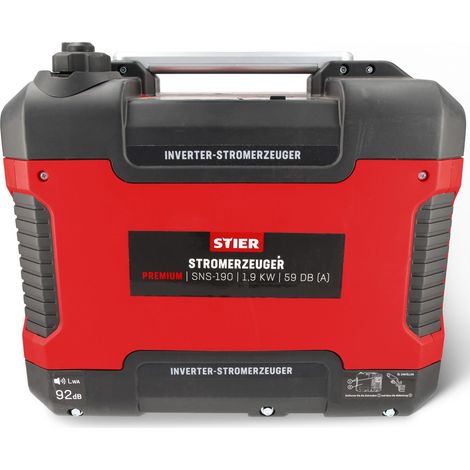 STIER Stromerzeuger Premium SNS-190, Strom Generator, Benzin, 4l Tankvolumen, 21,5 Kg, Stromaggregat, leise: 59 dB(A), 4-Takt Motor, Inverter Stromaggregat, Ölsensor & Eco-Modus, Laufzeit bis zu 6h