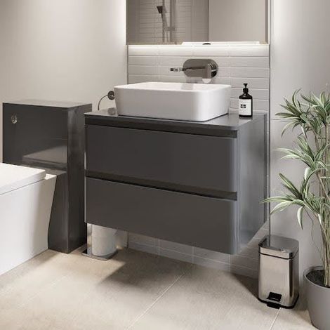 Bathroom Cloakroom Vanity Unit Wall Mounted Countertop Basin Grey Gloss 800mm (1/5)