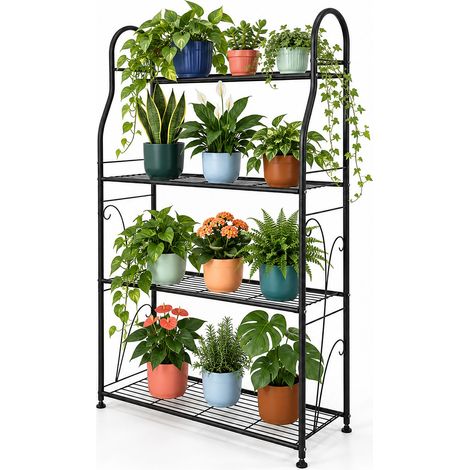 Relaxdays Blumenregal mit 4 Ablagen, HBT: 114 x 71 x 24,5 cm, Blumen- & Pflanzentöpfe, Metall, Pflanzentreppe, schwarz (1/5)