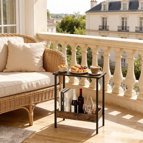 Table d'Appoint Industrielle avec Étagère à Rebords - Bout de Canapé Compact en Bois et Métal, Table Basse Étroite pour Salon, Chambre et Entrée - 50x25x55cm - Chêne foncé (1/4)