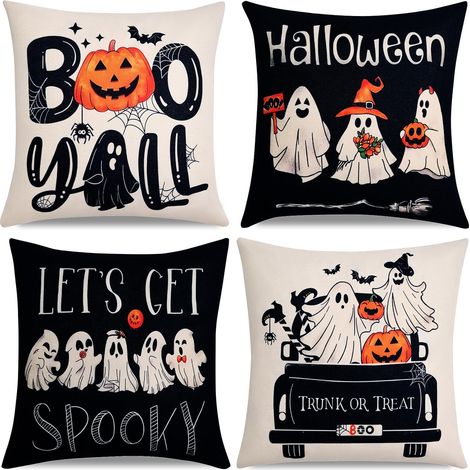 Decoración de Halloween con temática de fantasmas: fundas de cojín decorativas de 45 x 45 cm, juego de 4, fundas de almohada góticas de lino para sofá, otoño. (1/5)