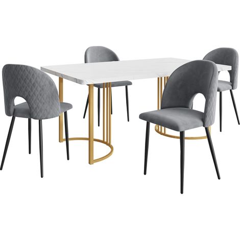 Set tavolo da pranzo 5 pezzi 140 x 80 cm bianco marmorizzato con 4 sedie in velluto grigio (1/5)