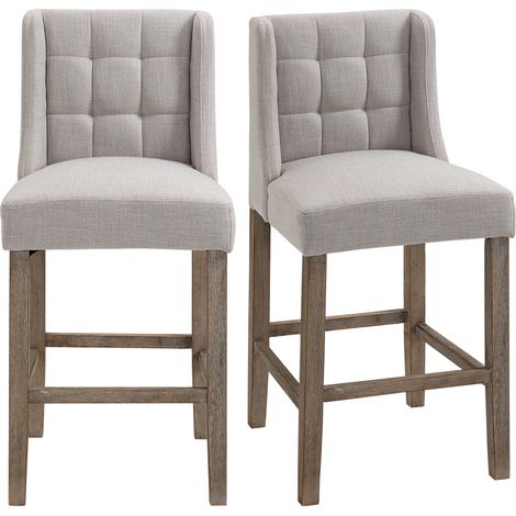 Ensemble de 2 tabourets de bar avec dossier, capitonnage à boutons, bois massif, repose-pieds inclus, 47 cm x 50 cm x 101 cm, gris et naturel (1/5)